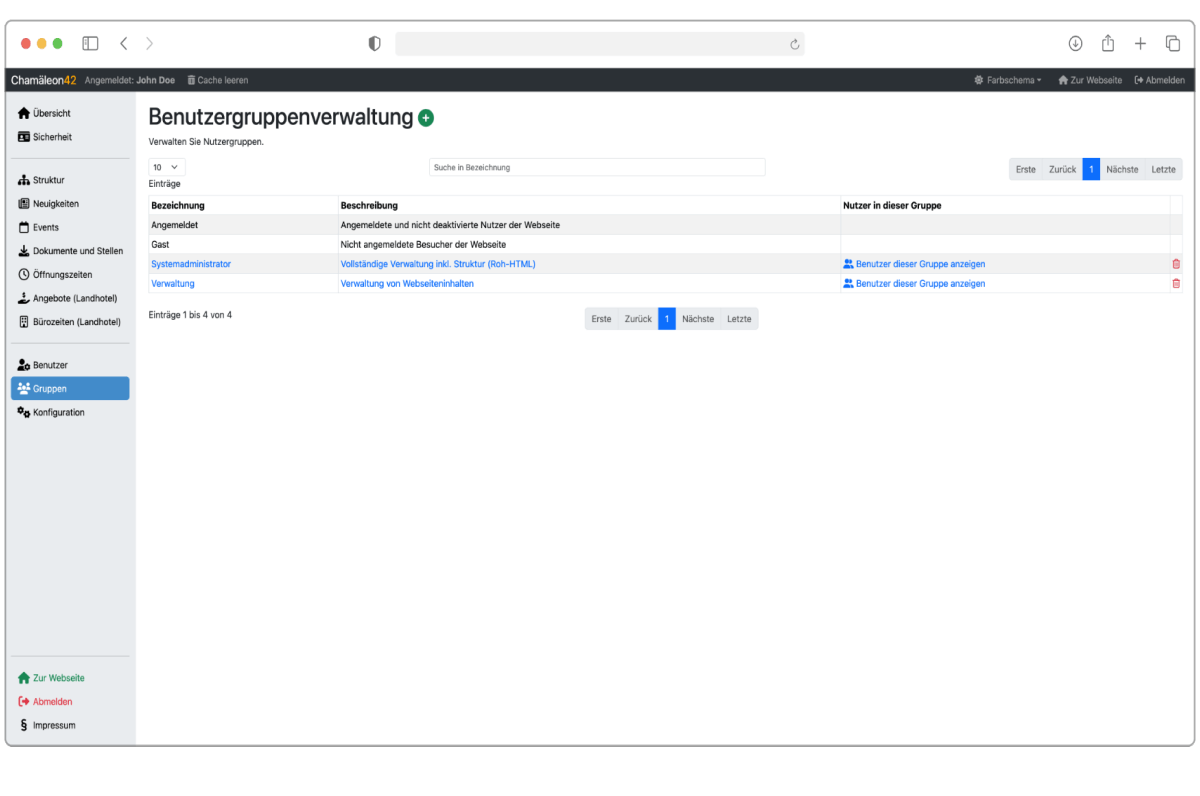 Im Bild sehen Sie eine Funktion des Chamäleon42® CMS, in dem die Benutzergruppen und deren Berechtigungen verwaltet werden können.