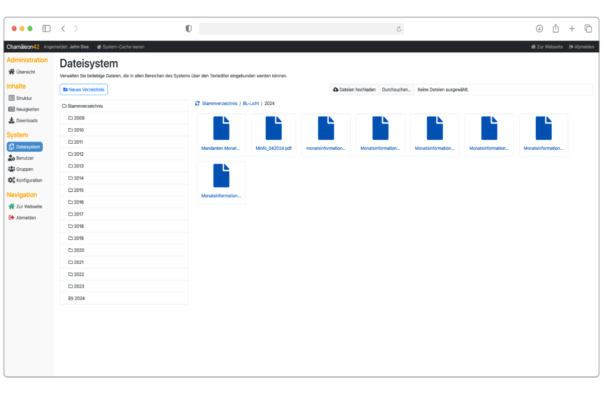 Im Bild sehen Sie eine Funktion des Chamäleon42® CMS, in dem die hochgeladenen Dateien verwaltet werden können.