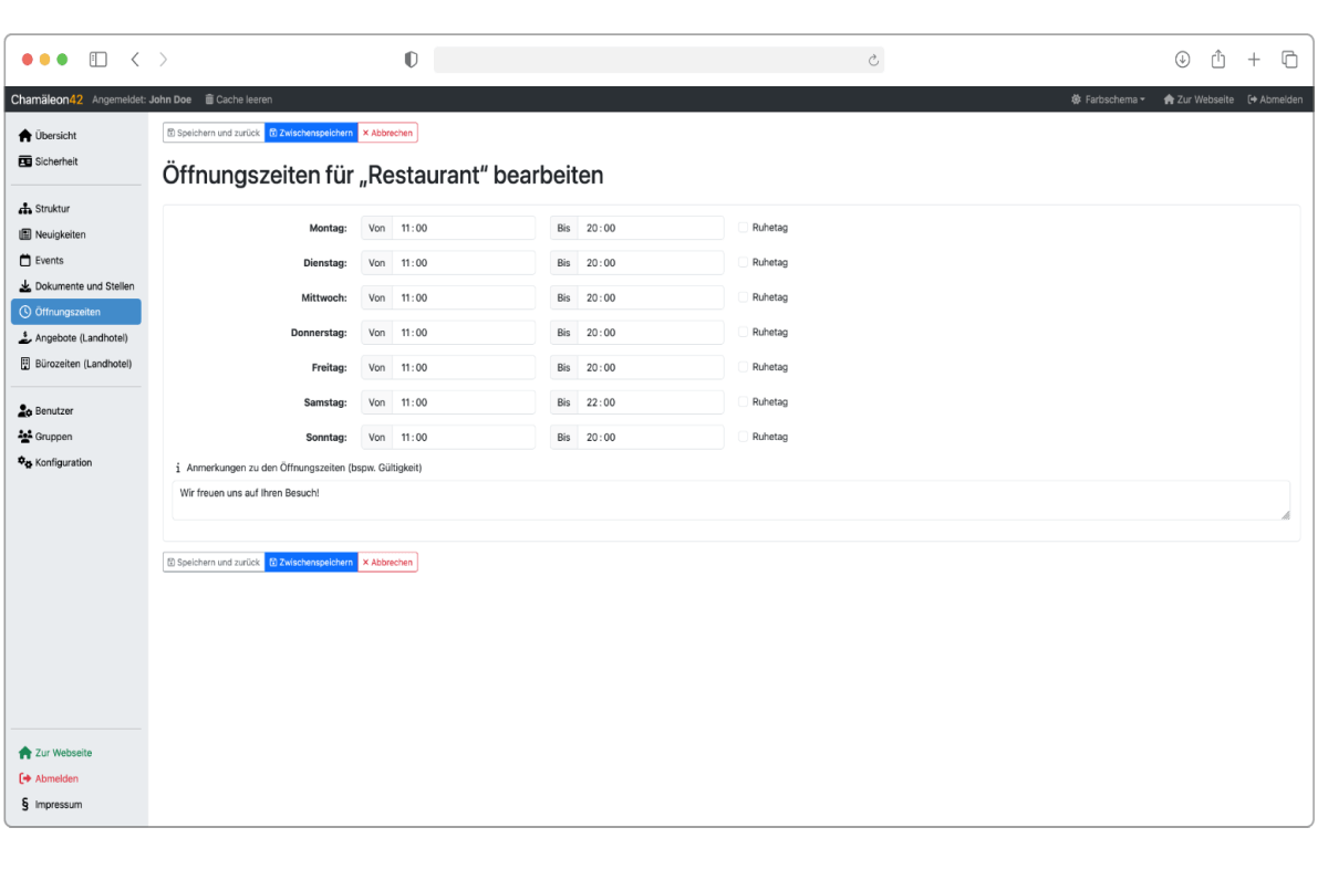Im Bild sehen Sie eine Funktion des Chamäleon42® CMS, in dem Öffnungszeiten verwaltet werden können.
